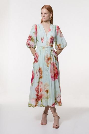 Silk Cotton Trailing Floral Puff Sleeve Midi Dress floral