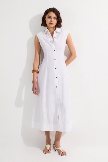 White Petite Cotton Top Stitch Woven Midi Shirt Dress