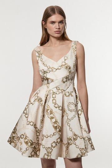 Structured Viscose Satin Chain Print Tailored Prom Mini Dress multi