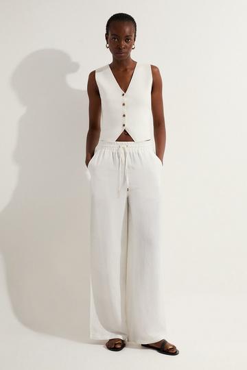 Viscose Linen Tie Waist Woven Trouser white