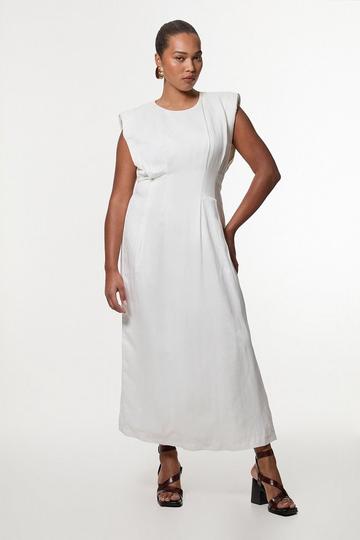 White Plus Size Viscose Linen Woven Pintuck Midi Dress