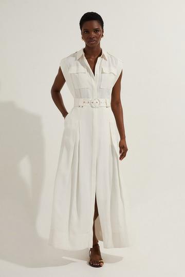 White Petite Premium Viscose Linen Woven Sleeveless Shirt Dress With Belt