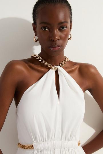 Cotton Poplin Chain Halter Woven Midi Dress white