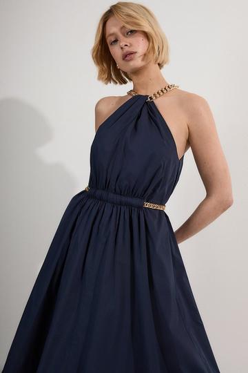 Petite Cotton Poplin Chain Halter Woven Maxi Dress navy