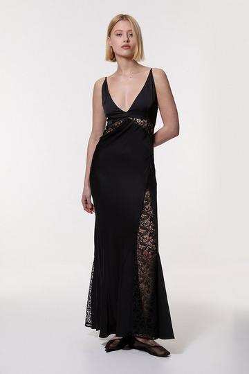 Black Viscose Satin Woven Maxi Dress With Lace Panelled Detail