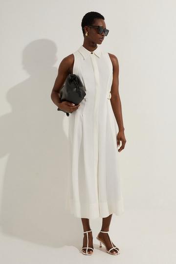 White Petite Premium Viscose Linen Topstitch Halter Neck Woven Midi Dress With D Ring Detail