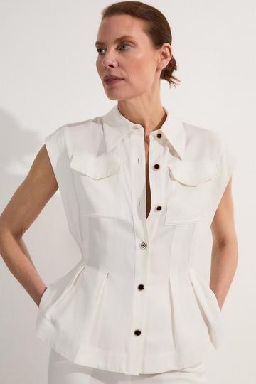 Tall Premium Viscose Linen Topstitch Woven Blouse With Waist Seam Detail white