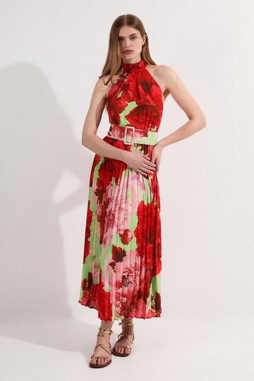 Petite Floral Halter Neck Pleated Midi Dress floral