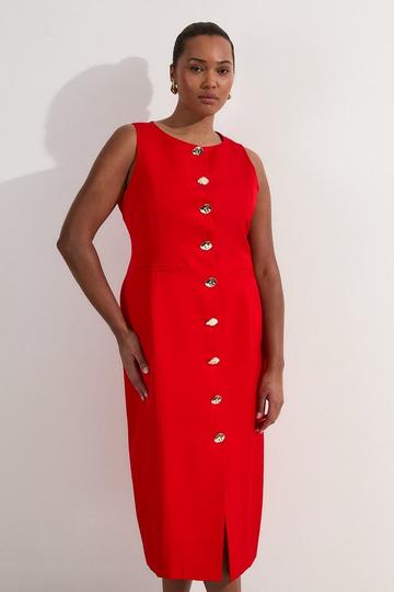 Red Plus Size Viscose Linen Tailored Statement Button Front Pencil Midi Dress