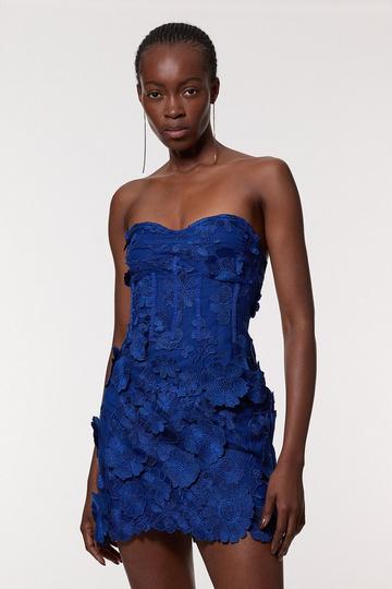 Blue Floral Applique Structured Woven Mini Dress