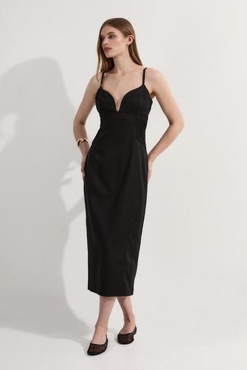 Black Premium Linen Pintuck Detail Pencil Tailored Midi Dress