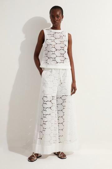 Tall Cotton Cutwork Panelled Woven Wide Leg Trouser white