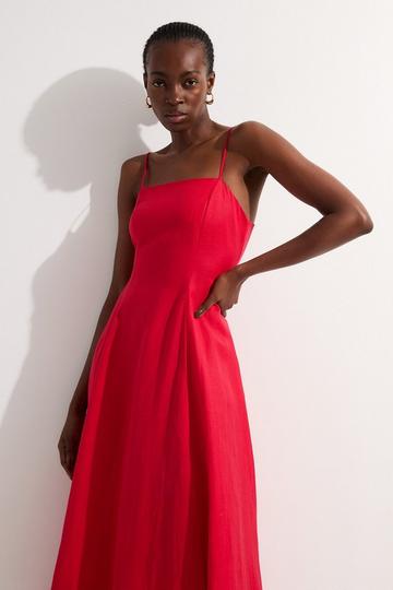 Red Viscose Linen Woven Maxi Prom Dress