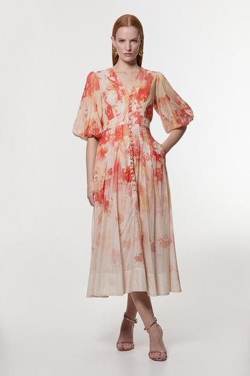 Silk Cotton Trailing Floral Puff Sleeve Midi Dress peach