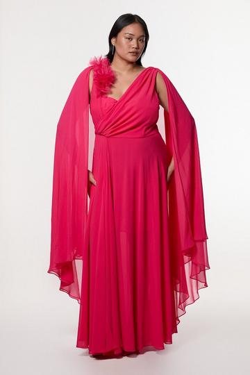 Plus Size Georgette Pleated Bustier Cape Back Woven Maxi Dress fuchsia