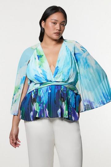 Plus Size Ombre Floral Soft Pleated Woven Blouse With Cape blue