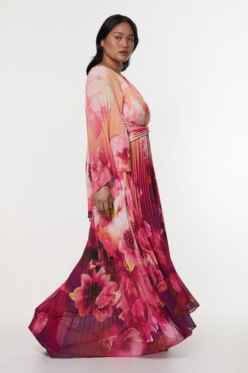 Plus Size Ombre Floral Soft Pleated Woven Maxi With Cape Detail purple