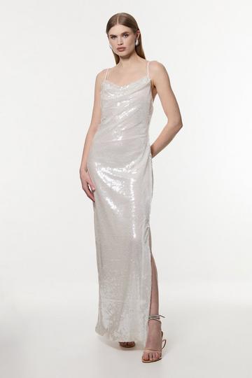 Liquid Shine Strappy Cowl Neck Woven Sequin Dress white
