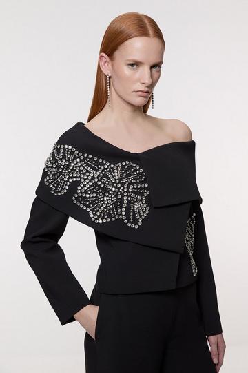Placed Floral Crystal Embellished Tailored Asymmetric Jacket black