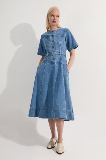 Petite Denim Soft Wash Short Sleeve Belted Midi Dress mid blue