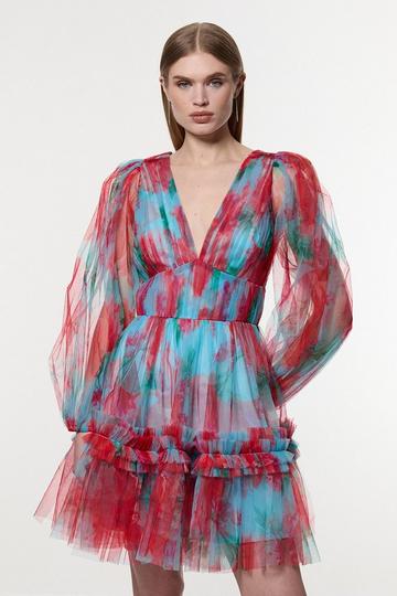 Red Floral Tulle Balloon Sleeve Plunge Woven Mini Dress
