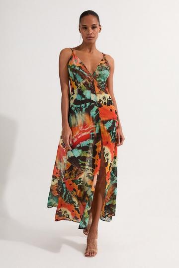 Butterfly Embellished Strappy Georgette Beach Dress turquoise