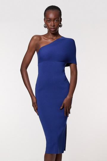 Blue Compact Rib Stitch Knitted One Shoulder Dress
