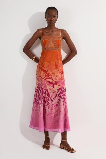 Embellished Ombre Floral Pleated Woven Bandeau Maxi Dress orange