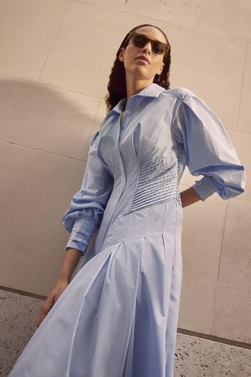 Archive Collection - Cotton Poplin Balloon Sleeve Corset Woven Maxi Dress blue