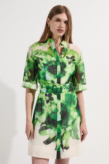 Green Tall Floral Organdie Woven Belted Mini Dress