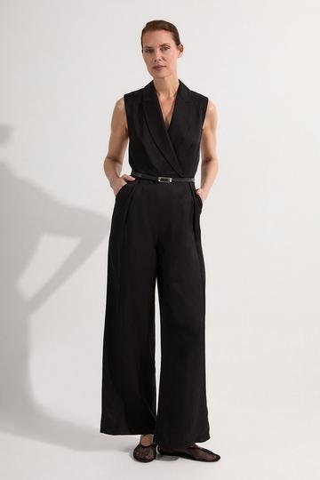 Premium Viscose Linen Tailored Belted Wide Leg Jumpsuit black