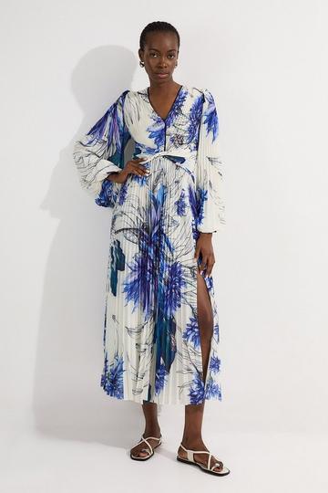 Tall Floral Balloon Sleeve Pleated Crinkle Cut Out Woven Maxi Dress blue