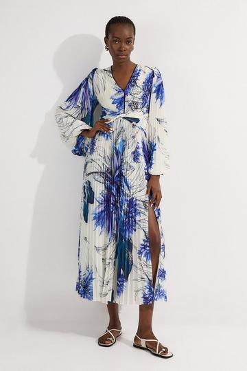 Floral Balloon Sleeve Pleated Crinkle Cut Out Woven Maxi Dress blue