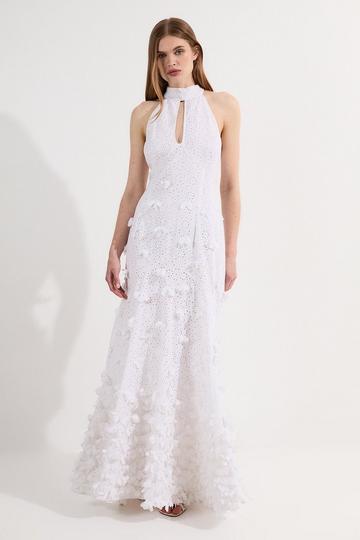 Petal Applique Embellished Broderie Rosette Maxi Dress white