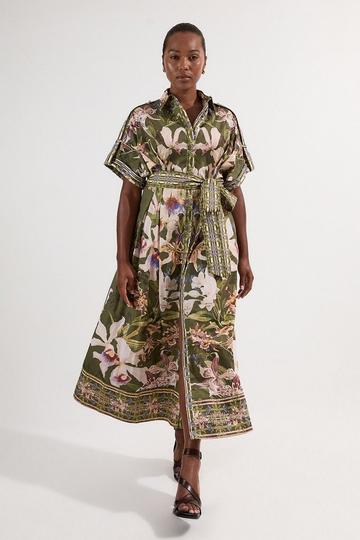 Plus Size Cotton Sateen Floral Woven Belted Maxi Shirt Dress khaki