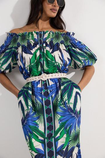 Voile Mirrored Floral Woven Bardot Midi Dress blue