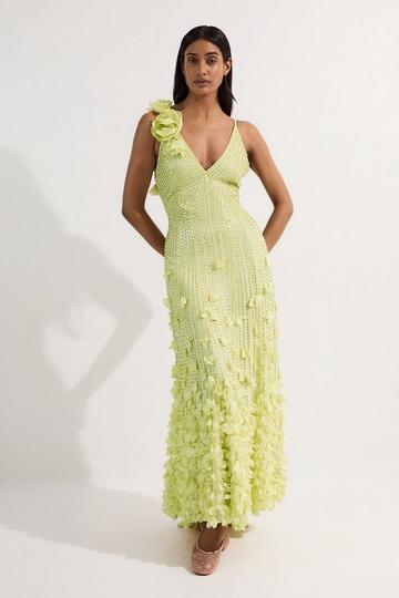 Crystal Applique Strappy Rosette Woven Maxi Dress lime