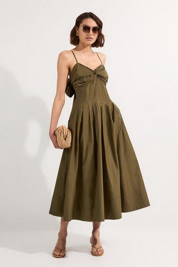 Cotton Poplin Maxi Strapless Sundress With Bow Tie At Back khaki