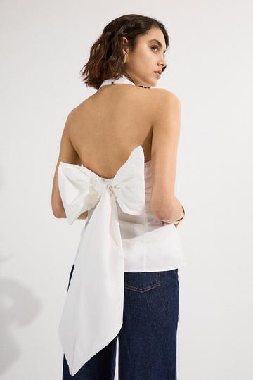 Cotton Poplin Cross Front Halter Neck Blouse With Bow Detail ivory