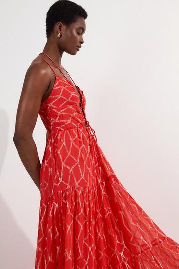 Petite Viscose Sparkle Tie Detail Tiered Skirt Woven Maxi Dress orange