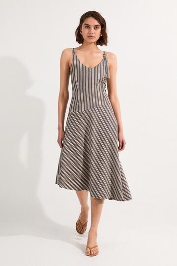 Black Tailored Stripe Linen Strappy Asymmetric Hem Midi Dress