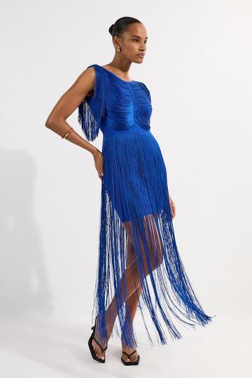 Maxi Draped Fringe Knitted Mini Dress cobalt