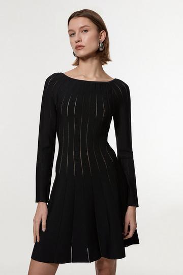 Black Pointelle Stitch Fit And Flare Knitted Dress