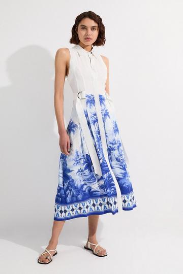 Tall Viscose Linen Scenic Print With Top Stitch Belted Woven Midi Dress navy