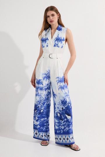 Viscose Linen Scenic Print With Top Stitch Belted Woven Jumpsuit navy