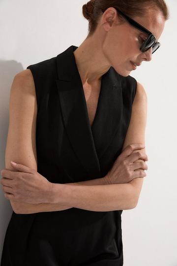 Petite Premium Viscose Linen Tailored Belted Wide Leg Jumpsuit black