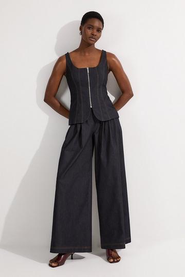 Tailored Denim Peplum Wide Leg Jumpsuit indigo