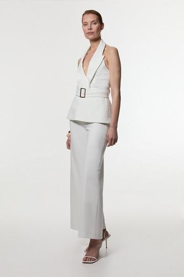 Compact Stretch Halterneck Tailored Wide Leg Jumpsuit ivory