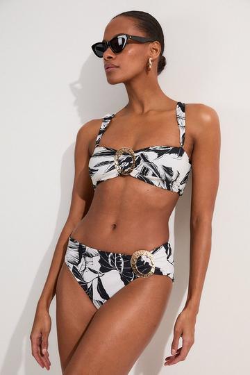 Palm Print High Waisted Detail Bikini Bottoms mono
