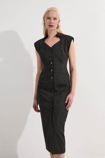 Pinstripe Corseted Tailored Pencil Midi Dress black